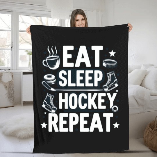 Eat sleep hockey repeat men Fleece Blankets