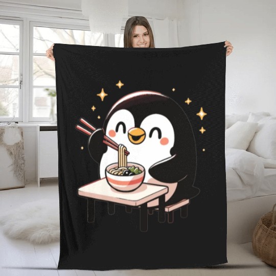 Cute Penguin Eating Ramen Noodles Penguins Ramen Fleece Blankets