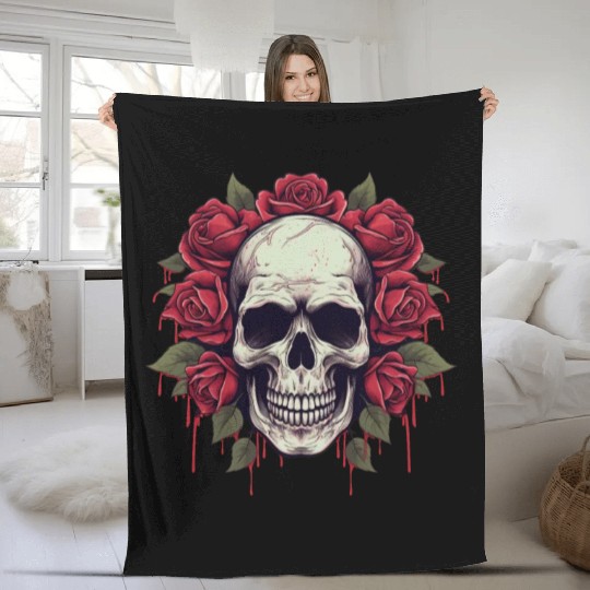 Skull rose grunge aesthetics goth roses gift Fleece Blankets