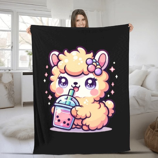 Kawaii Llama Sips Bubble Tea Cute Llama Boba Tea Fleece Blankets