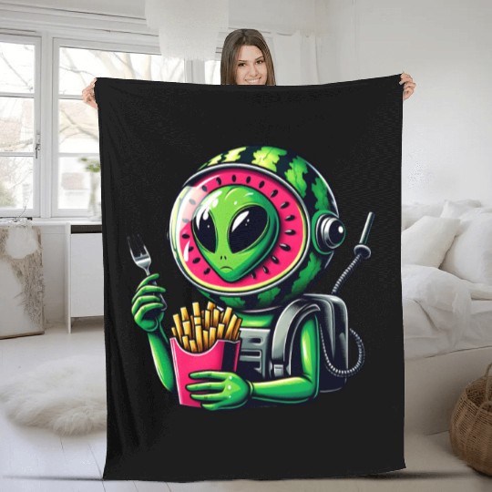 Alien with watermelon helmet eats fries Fleece Blankets