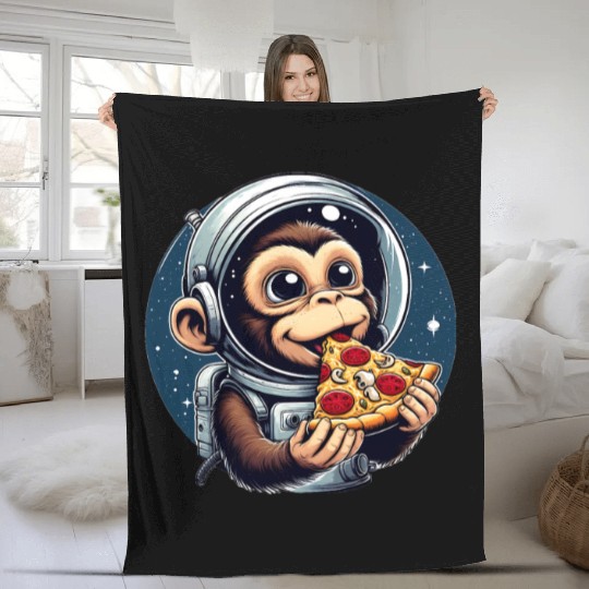 Space monkey enjoys pizza Fleece Blankets