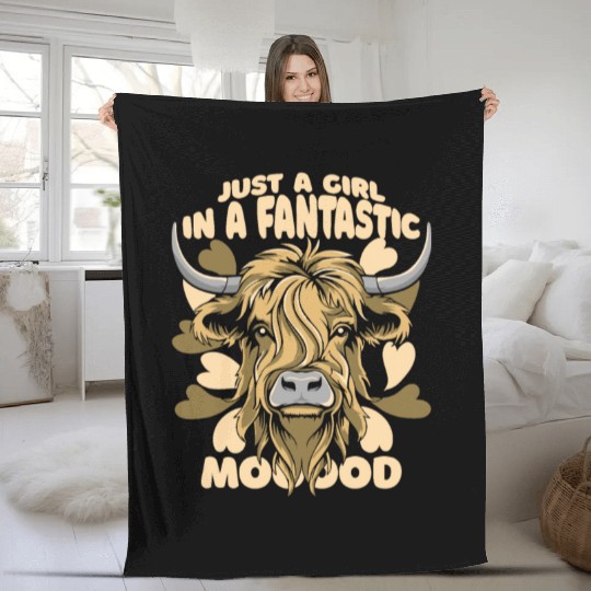 A Girl In A Fantastic Mood Highland Cow Highland Fleece Blankets