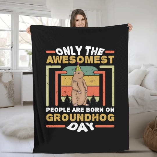 Awesomest People Born Groundhog Day Retro Vintage Fleece Blankets