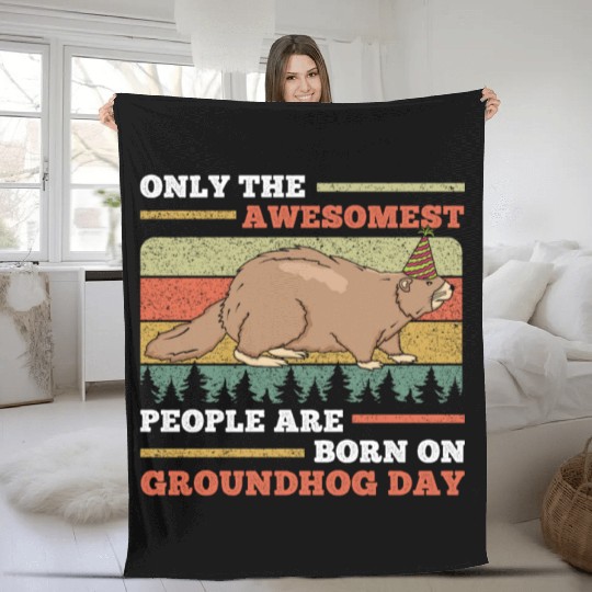 Awesomest People Groundhog Day Retro Vintage Fleece Blankets