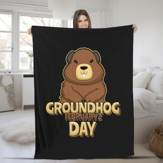 Groundhog Day Day February 2 Cute Kawaii Fleece Blankets