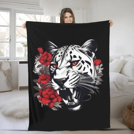 Dynamic Panther Embraces Kindness in Floral Glory Fleece Blankets