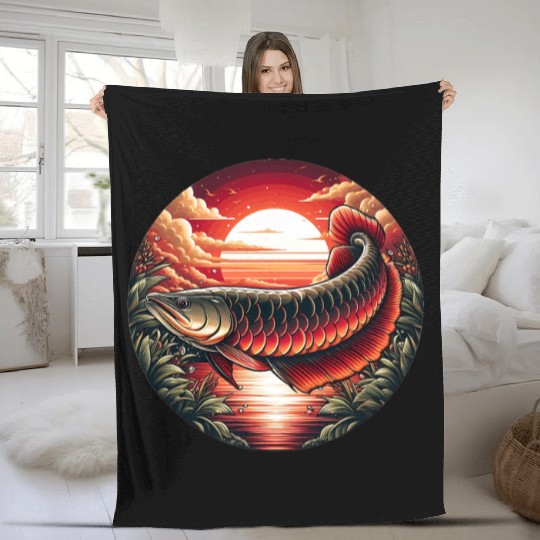 Sunset with Arowana fish Fleece Blankets