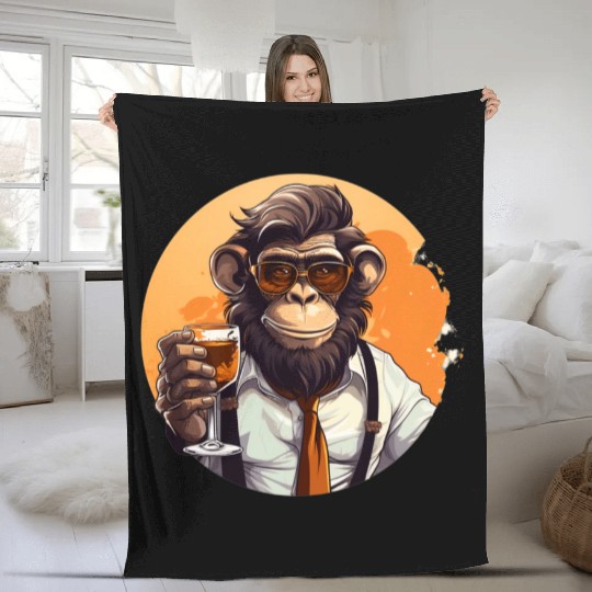 Cool Monkey With Drink Funny Animals Chimpanzee Fleece Blankets