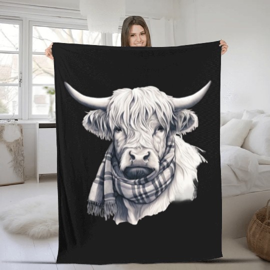 Adorable Highland Cow Wearing a Scarf Fleece Blankets