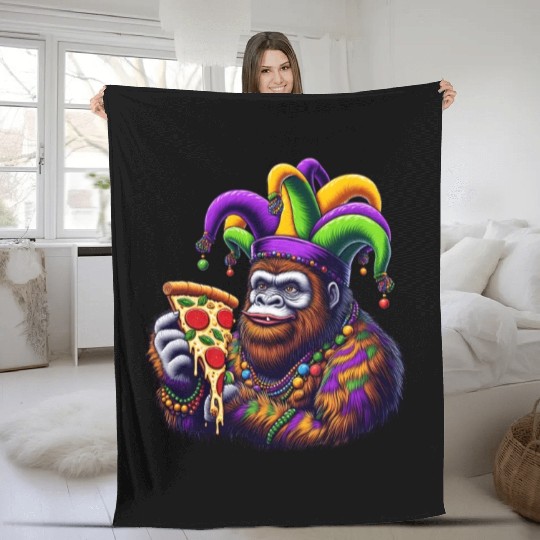 Mardi Gras Bigfoot with Fool's Hat Pizza Fleece Blankets