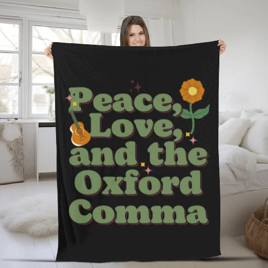 Funny Oxford Comma Peace Love and the Oxford Comma Fleece Blankets