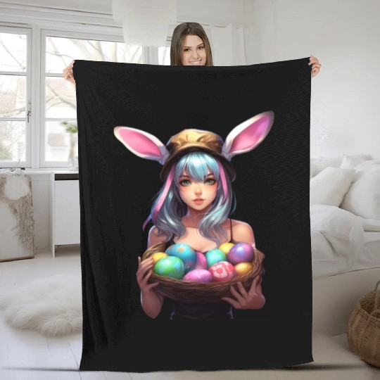 Easter Day Anime Girl Bunny Ear Easter Egg Hunt Fleece Blankets