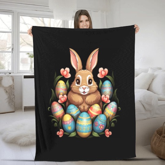 Easter Bunny Rabbit Colorful Eggs Easter Egg Hunt Fleece Blankets
