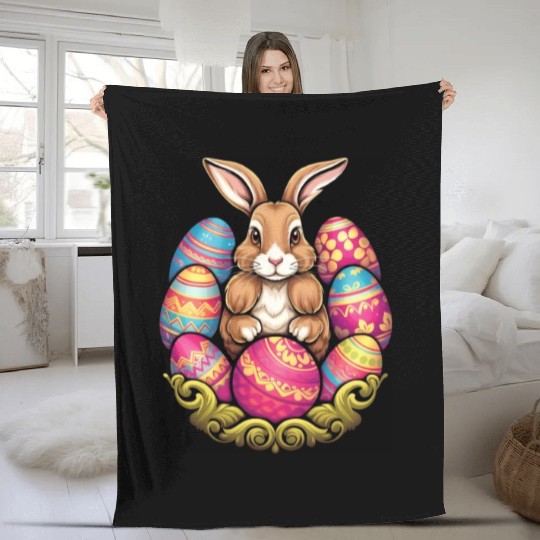 Easter Bunny Rabbit Colorful Eggs Easter Egg Hunt Fleece Blankets
