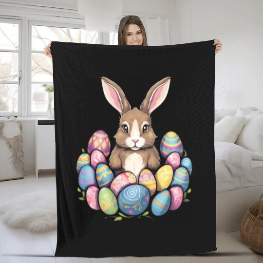 Easter Bunny Rabbit Colorful Eggs Easter Egg Hunt Fleece Blankets