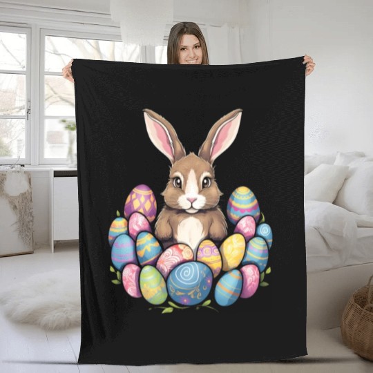 Easter Bunny Rabbit Colorful Eggs Easter Egg Hunt Fleece Blankets