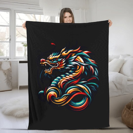 Colorful Chinese Dragon Artwork and Tribal Design Fleece Blankets