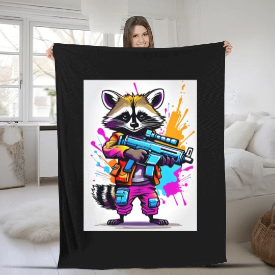 Raccoon with laser gun Fleece Blankets