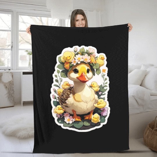 Cute Kawaii Pretty Flowers Duck Mom with Baby Duck Fleece Blankets