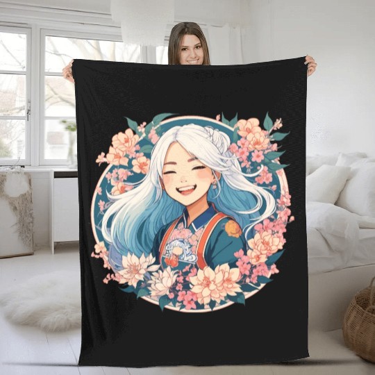 Happy Smile Pretty Japanese Anime Girl with Flower Fleece Blankets