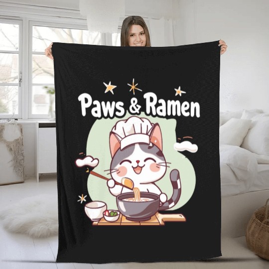 Paws and Ramen Funny Cats Animal Sayings Fleece Blankets
