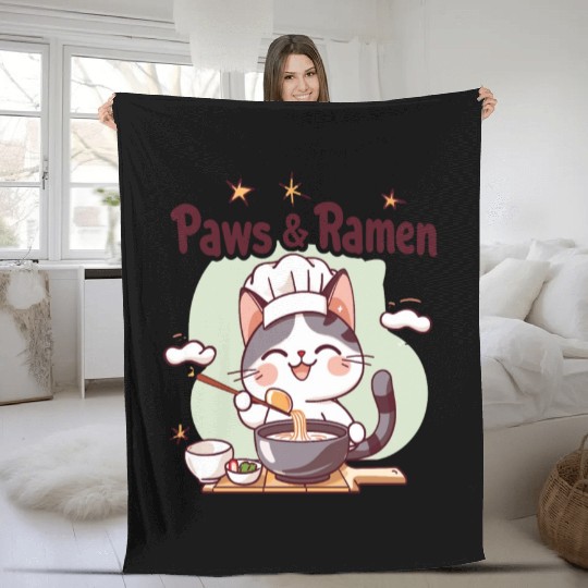Paws and Ramen Funny Cats Animal Sayings Fleece Blankets