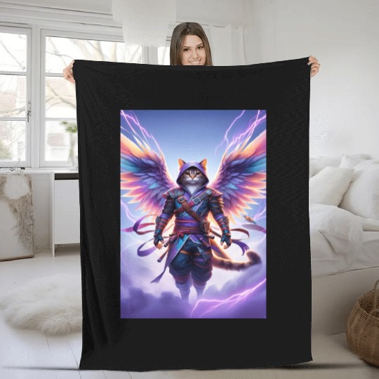 Fantasy Cat with Wings Art Fleece Blankets