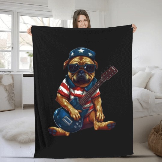 Rocking Pug Guitarist with US Flag – Animal Music Fleece Blankets