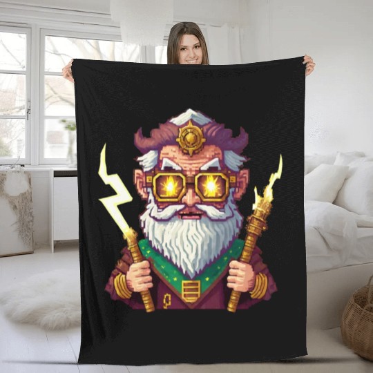 Angry Zeus Pixel Art, Wearing Steampunk Glasses Fleece Blankets