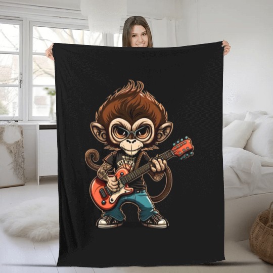 Monkey Chimpanzee Playing Acousitc Rock Guitar Fleece Blankets