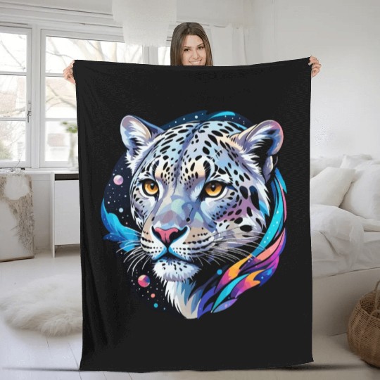 Cosmic Snow Leopard - Ethereal Animal Portrait Fleece Blankets