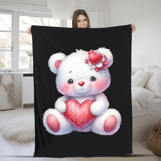 White Teddy Bear Love Valentine's Day Red Heart Fleece Blankets
