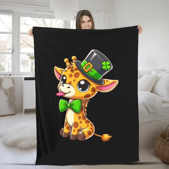 St. Patrick's Day Giraffe: Cute Kawaii Style Fleece Blankets