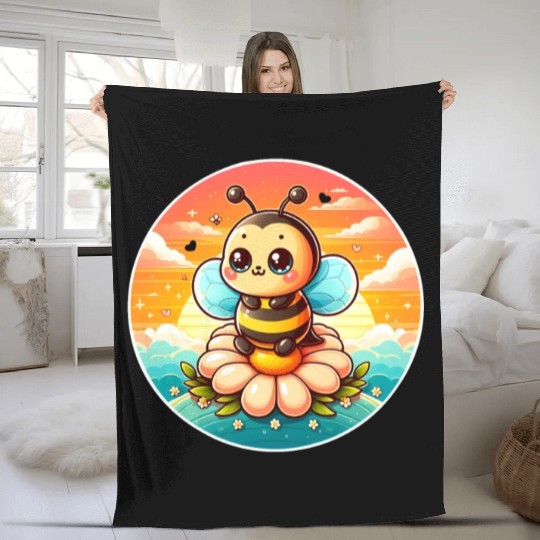cute kawaii bee on flower Fleece Blankets