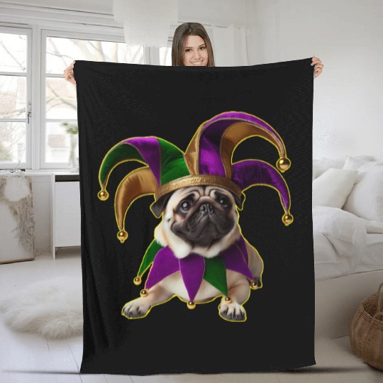 Mardi Gras Pug with Jester Hat Fleece Blankets