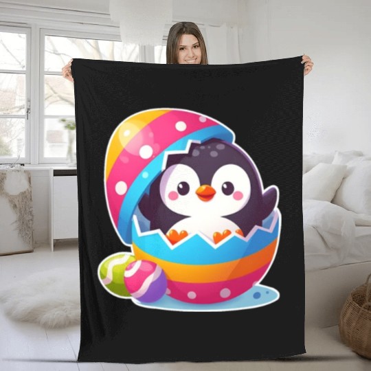 Penguin hatches from colorful Easter egg Fleece Blankets