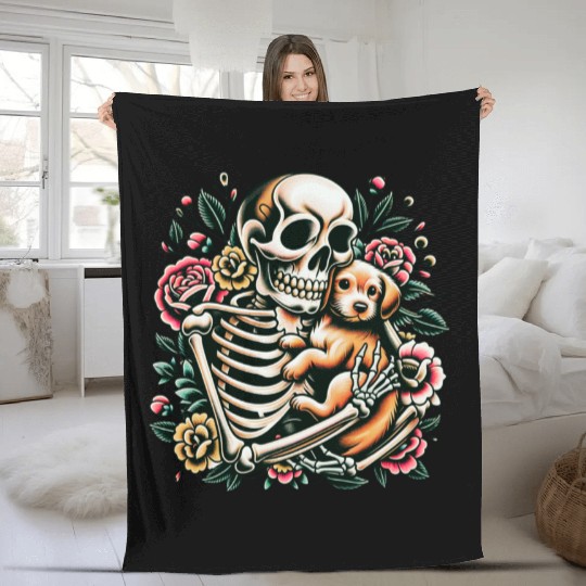 Skeleton Cute Puppy Dog Floral Old School Vintage Fleece Blankets