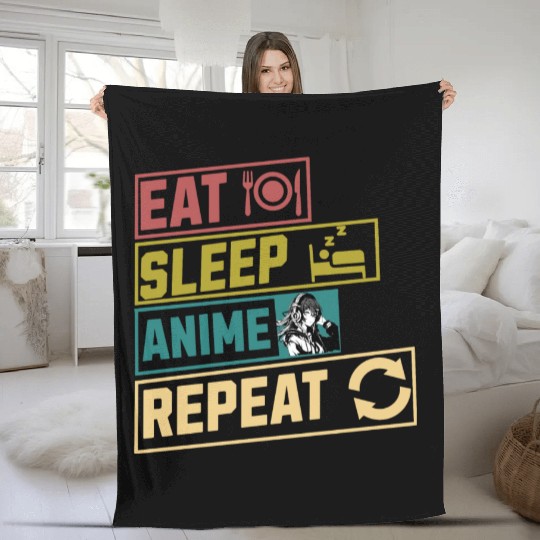 Eat sleep anime repeat hobby Fleece Blankets