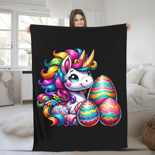 Easter Unicorn & Colorful Eggs Fleece Blankets
