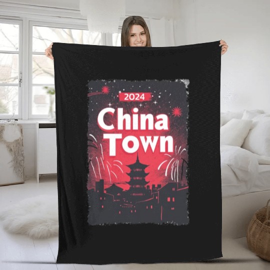 ChinaTown Ignites: Synthwave Red & Black Shiluette Fleece Blankets