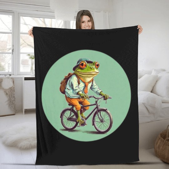 Frog Riding Bike Fleece Blankets