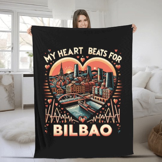 Bilbao Spain Travel Vacation I Love Bilbao Skyline Fleece Blankets