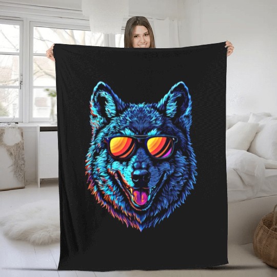 Cool Wolf Face Blue Wolf Wearing Sunglasses Fleece Blankets