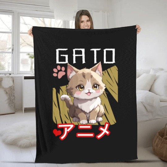 Gato Anime Kanji Fleece Blankets