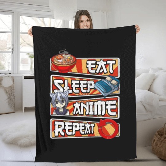 eat sleep anime repeat cute lovers obsessed Fleece Blankets