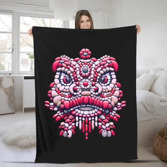 Chinese New Year - Pink Peony Lion Dance Mask Fleece Blankets