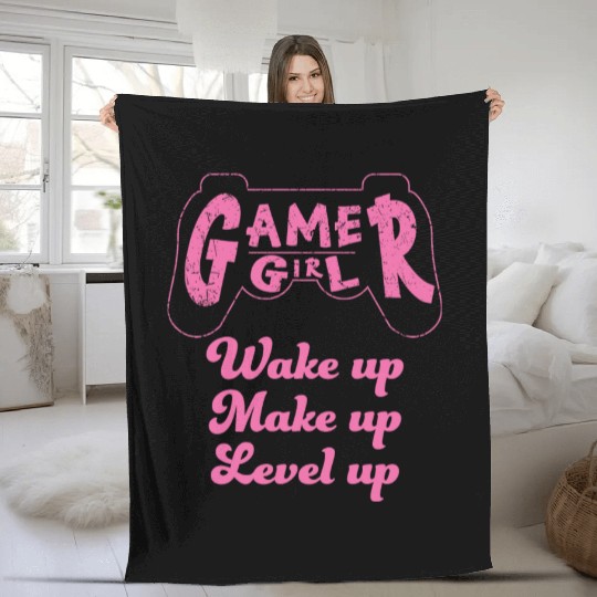 Gamer Girl Wake Up Make Up Level Up Fleece Blankets