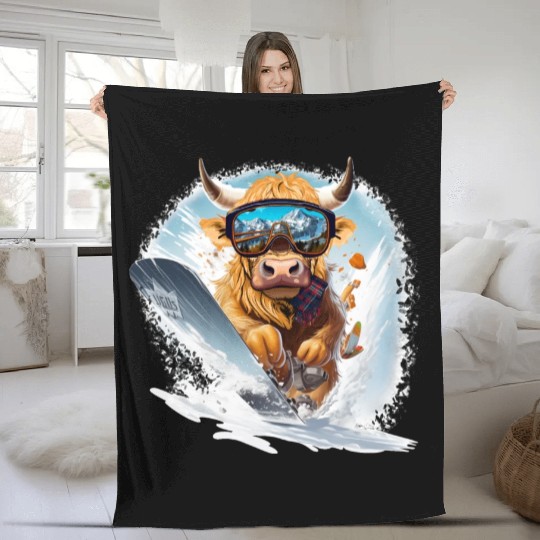 Winter sports, Highland Cow Snowboarding Fleece Blankets