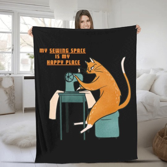 Retro Ginger Cat Using Sewing Machine - Vintage Fleece Blankets